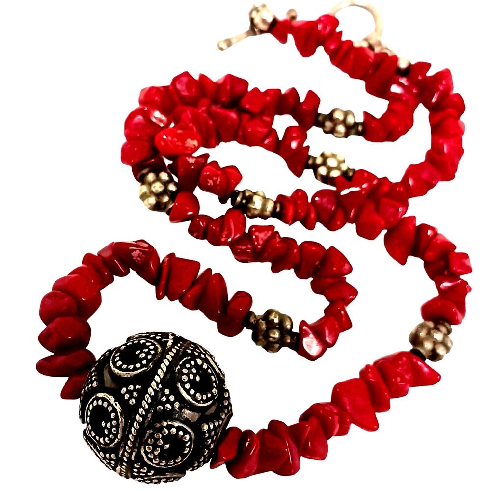 Vntg Red CORAL Necklace 17" STERLING SILVER Beads Asian Art Deco‎ Modern Preppy